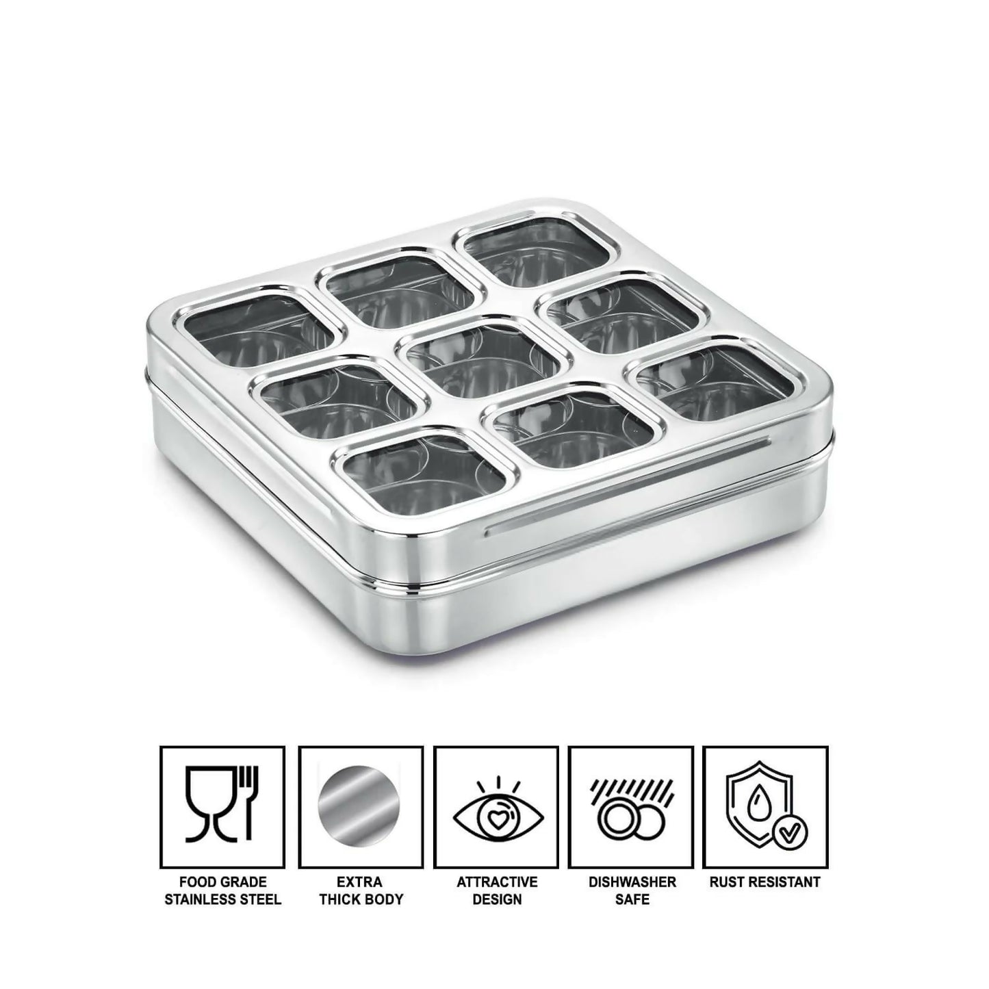 Masala dabba with secure fitted lid to protect spices and dry fruits