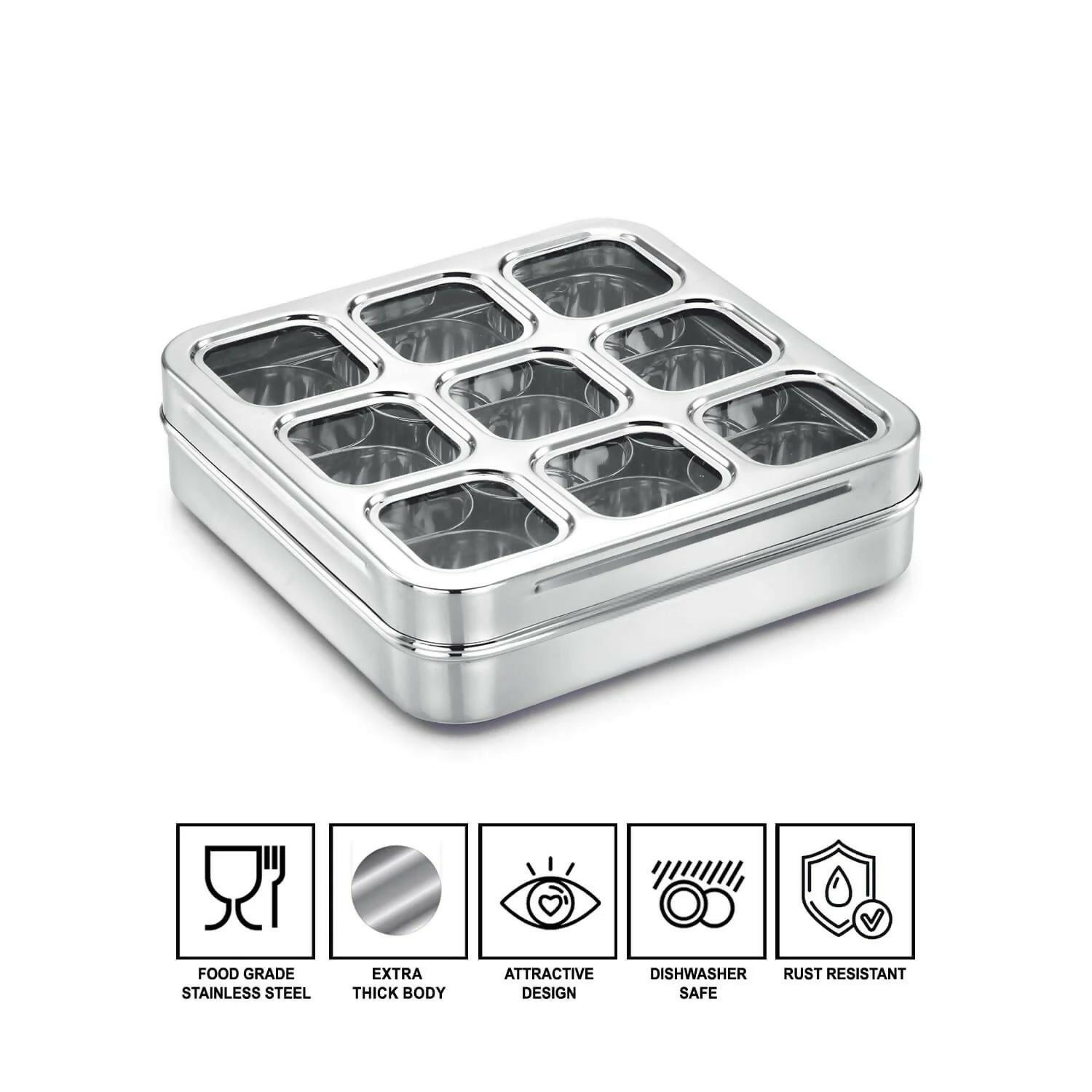 Masala dabba with secure fitted lid to protect spices and dry fruits