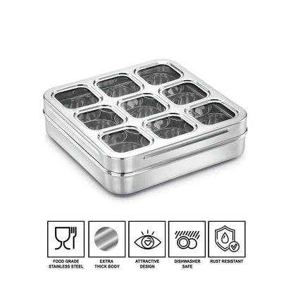 Masala dabba with secure fitted lid to protect spices and dry fruits