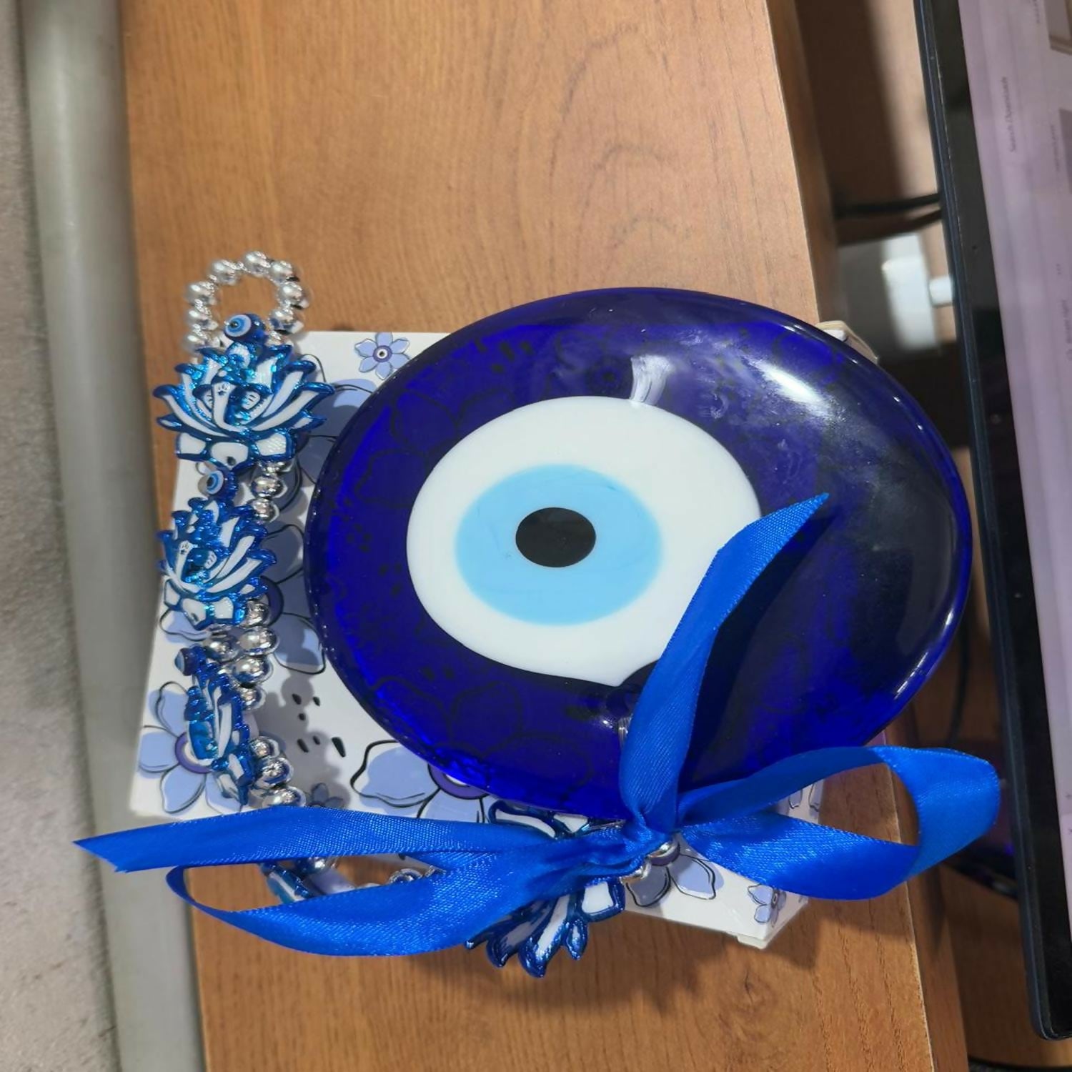 Evil Eye Wall Hanging with Blue Lotus & Om Design – Nazar Battu Hanging for Home, Office & Car Décor, Protection Symbol with Decorative Ribbon, Good Luck Charm, Gift Item (Blue)