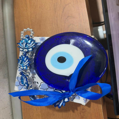 Evil Eye Wall Hanging with Blue Lotus & Om Design – Nazar Battu Hanging for Home, Office & Car Décor, Protection Symbol with Decorative Ribbon, Good Luck Charm, Gift Item (Blue)