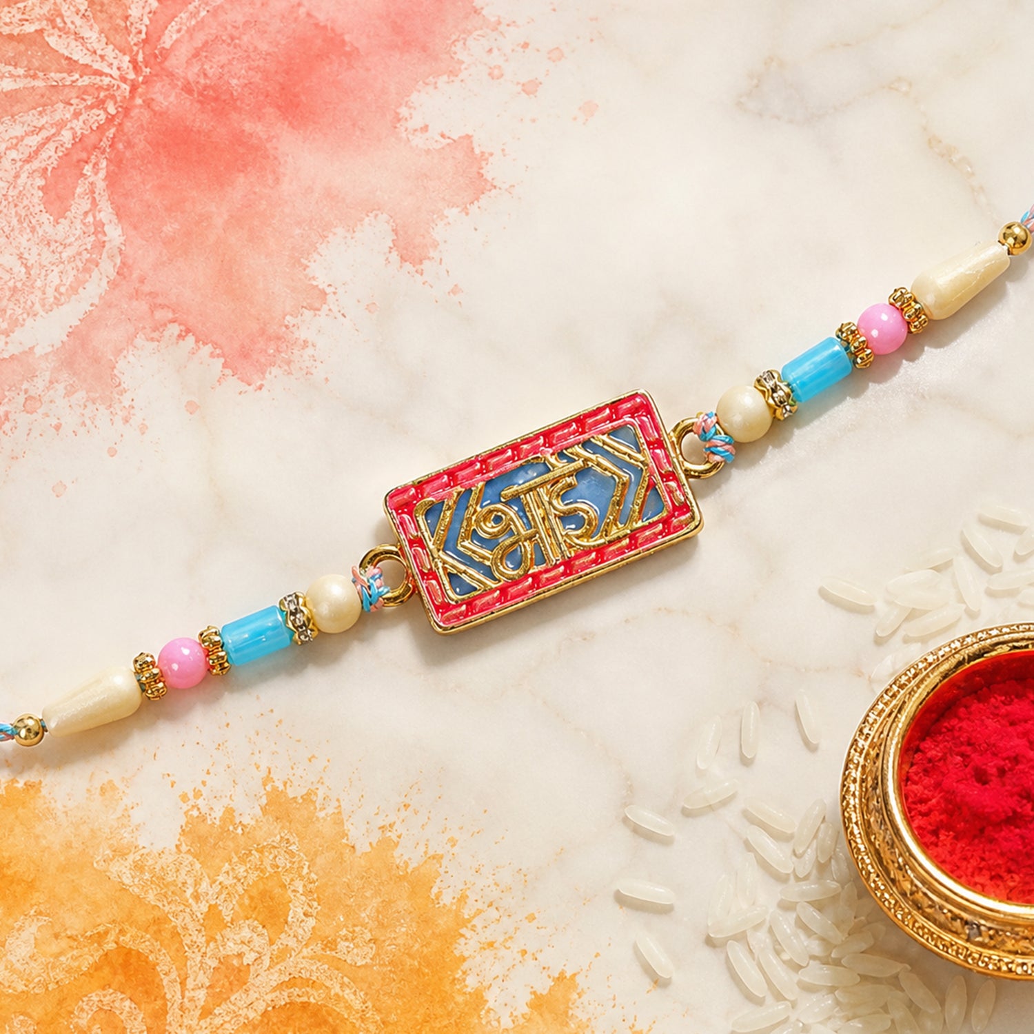 Classic Rakhi showcasing Shubh Plaque, crystal accents and plaque look for Gift Use