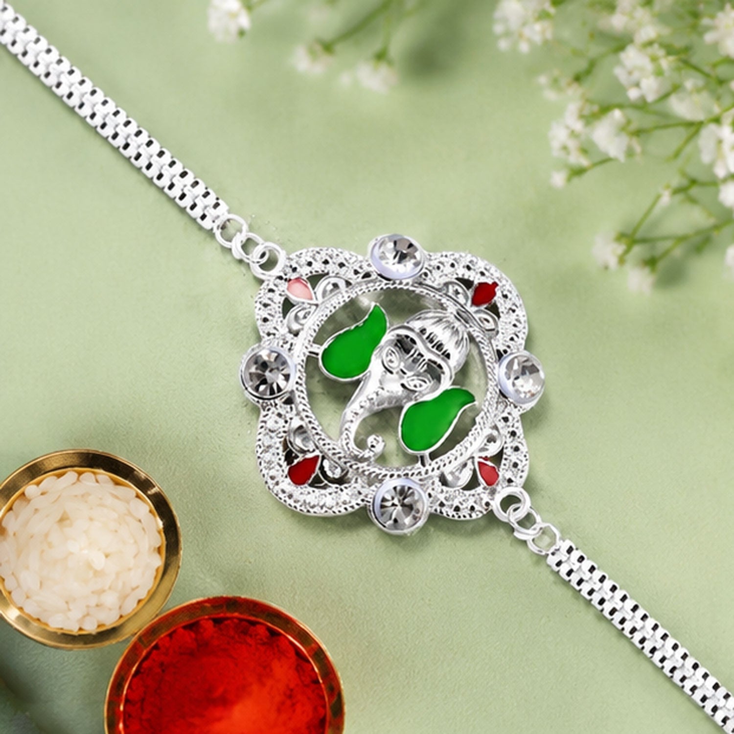 Ganesh Motif Rakhi Elegant Silver Chain Green Enamel (5pcs)