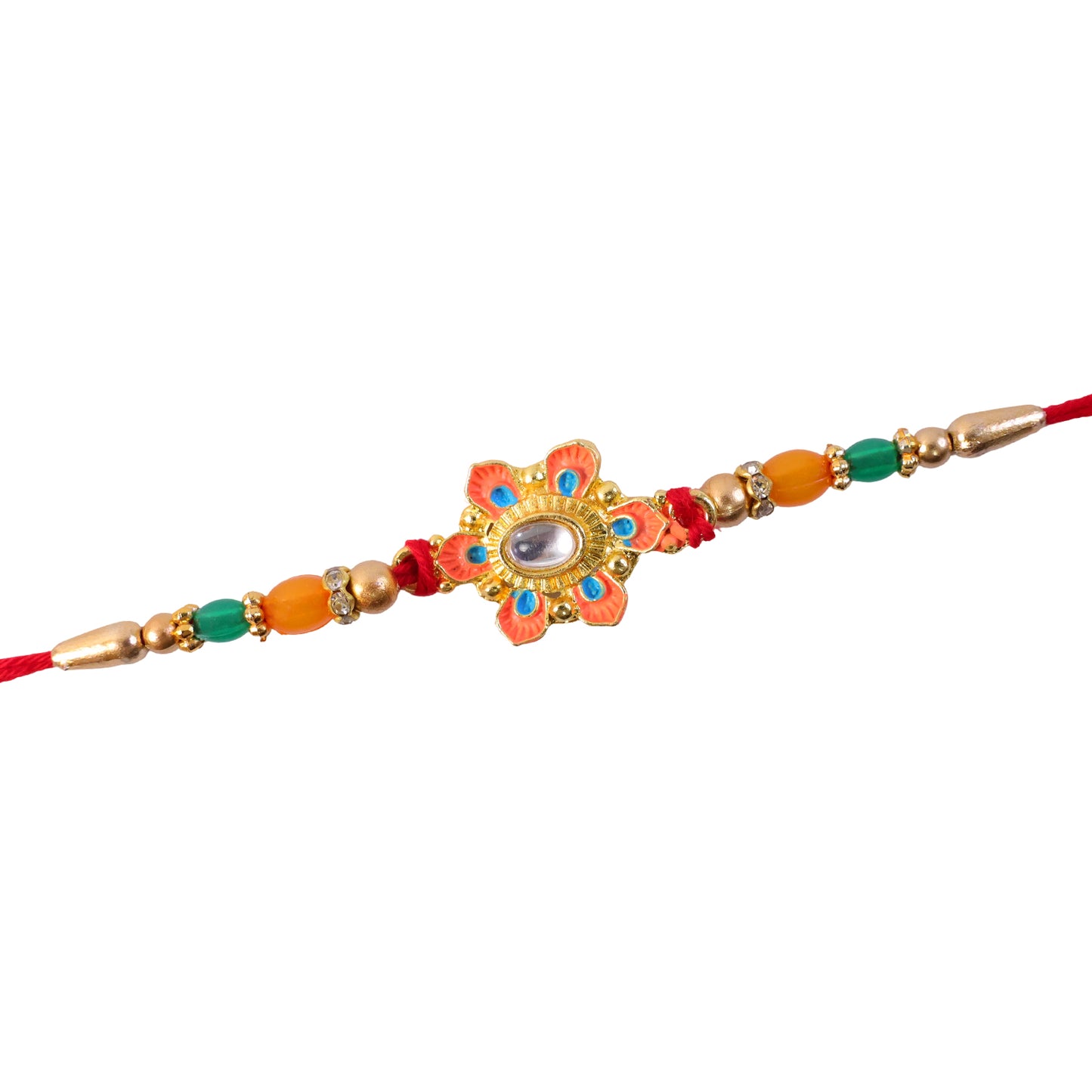 Orange and Teal Floral Kundan Pendant Rakhi with Pastel Beads