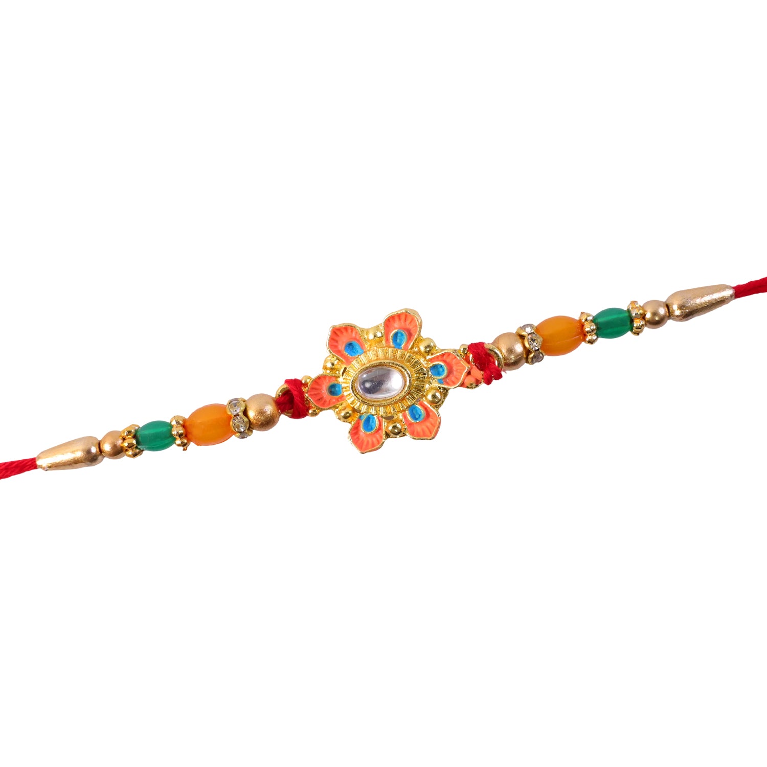 Orange and Teal Floral Kundan Pendant Rakhi with Pastel Beads