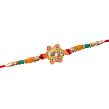 Orange and Teal Floral Kundan Pendant Rakhi with Pastel Beads