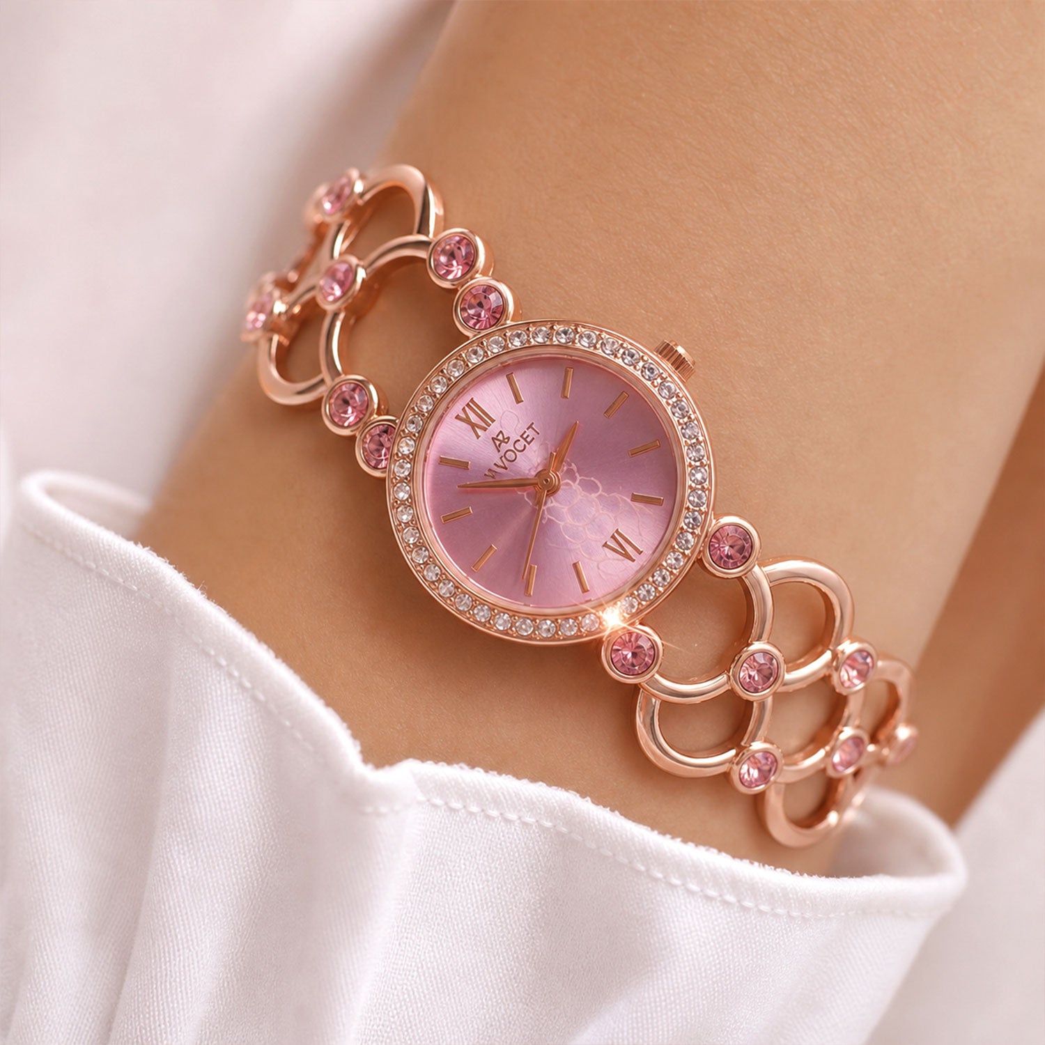 Rose Gold Round Shape Dial Watch with Crystal Bracelet Style Strap for Women