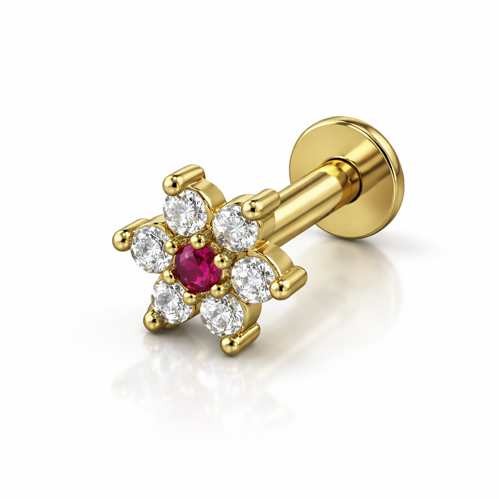 Side angle view of 14K gold plated ruby flower flat back piercing stud