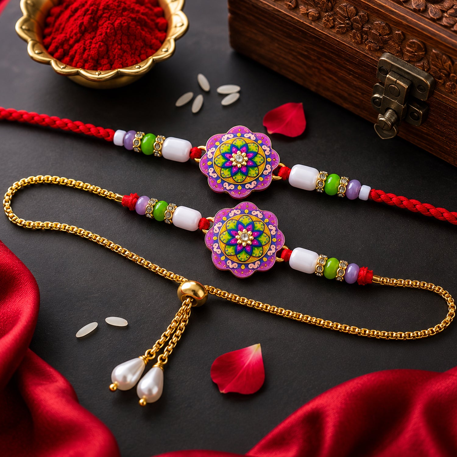 Floral Meenakari Bhai Bhabhi Lumba Rakhi with Pearl Hanging Pair