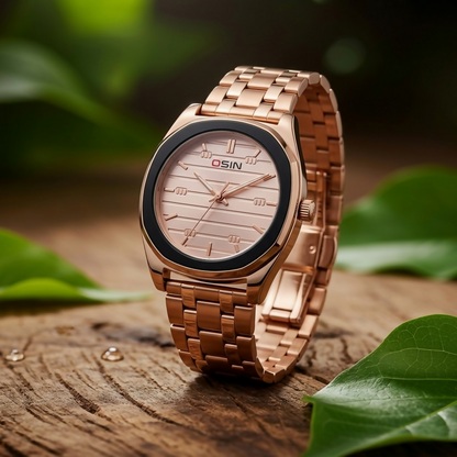 Close-up of men's rose gold wrist watch showcasing minimalist dial and stainless steel bracelet
