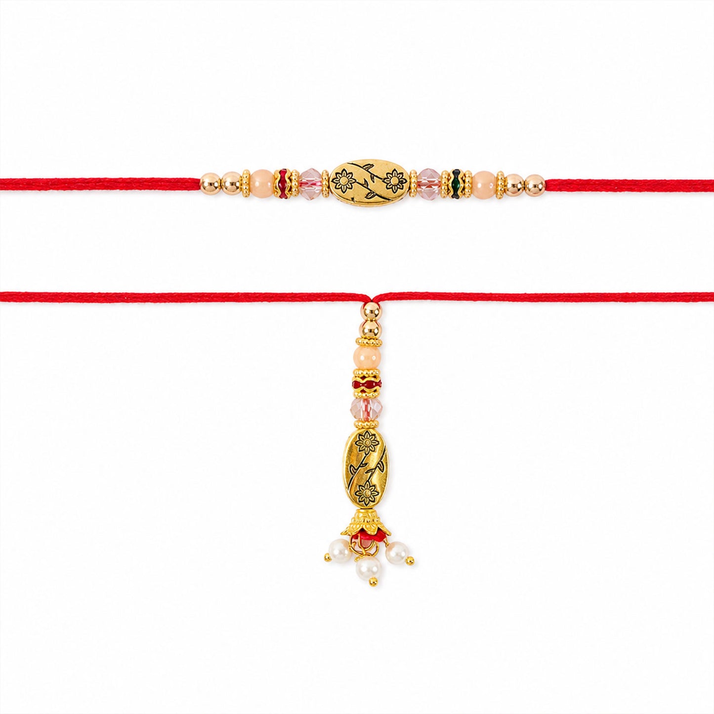 Circular Medallion Bhai Bhabhi Rakhi with Oval Medallion and Floral Tassel for Gift