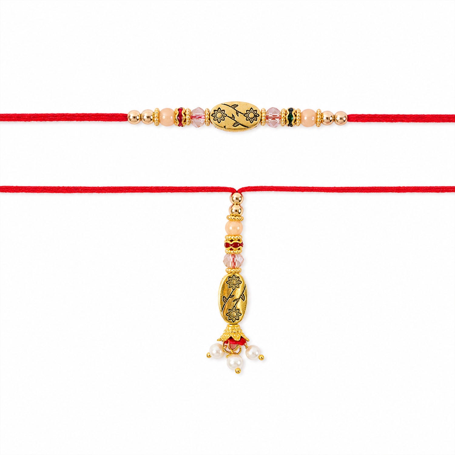 Circular Medallion Bhai Bhabhi Rakhi with Oval Medallion and Floral Tassel for Gift