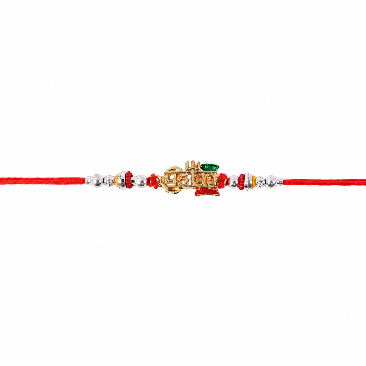 Mahadev Damru Rakhi with Red Green Beads and Pearl Highlights