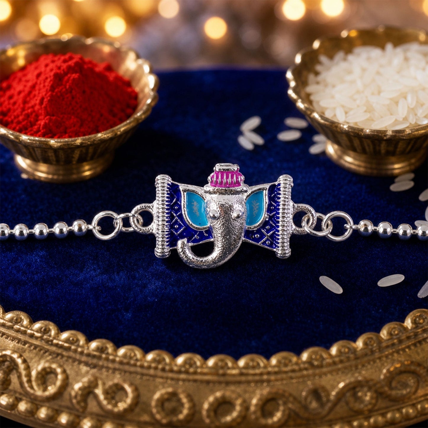 Silver Ganesha Enamel Chain Bracelet Festive Raksha Bandhan Gift (5pcs)