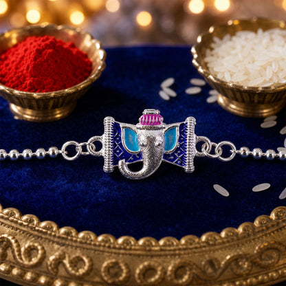 Silver Ganesha Enamel Chain Bracelet Festive Raksha Bandhan Gift (5pcs)