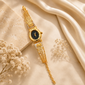 Luxury Gold Tone Floral Crystal Bracelet Watch for Women Black Dial Designer Wrist Watch
