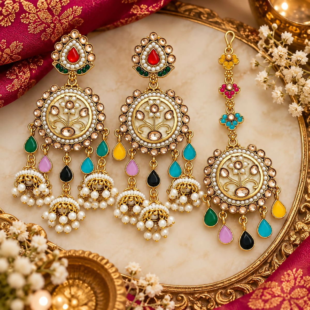 Floral Kundan Earrings with Pearl Style Jhumka Drops and Matching Maang Tikka Set