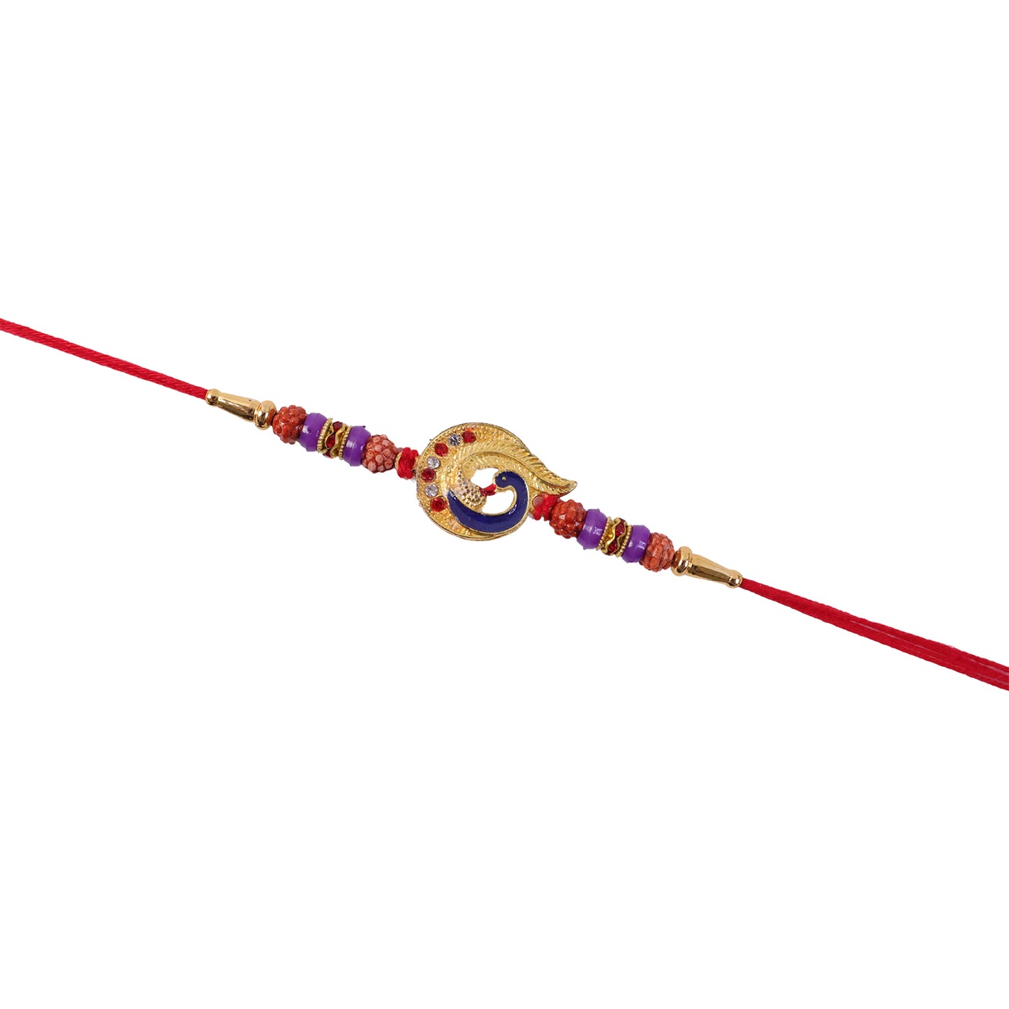 Blue Peacock Rakhi with Purple Beads and Crescent Gold Frame