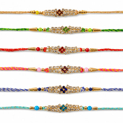 Floral Motif Stone Bar Rakhi for Raksha Bandhan (Pack of 6)