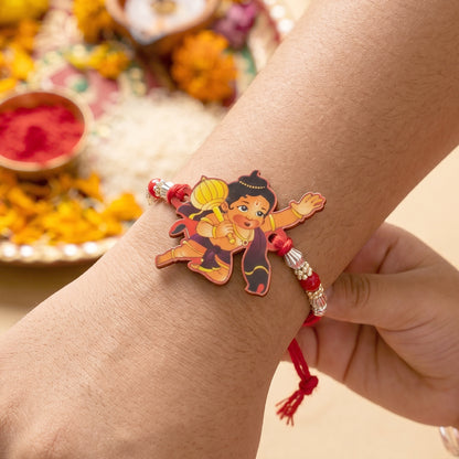 Bal Hanuman Cartoon Rakhi with Red Beads and Silver Chain