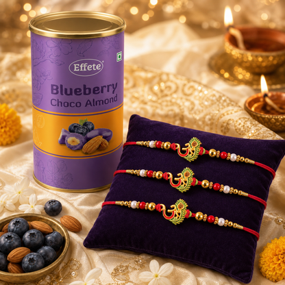 Om and Peacock Feather Rakhi with Blueberry Chocolate Almonds, Pack of 3