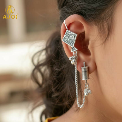 Ethnic Oxidised Silver Kite Design Earrings with Chain & Ghungroo for Women and Girls