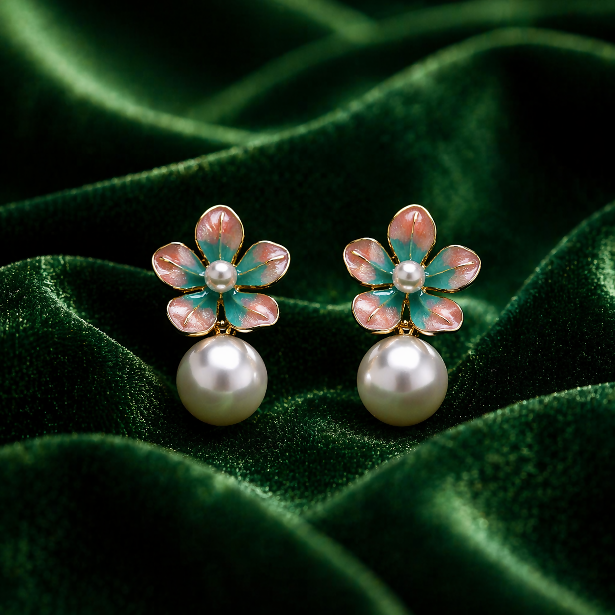 Elegant Floral Pearl Drop Earrings – Timeless Korean Design