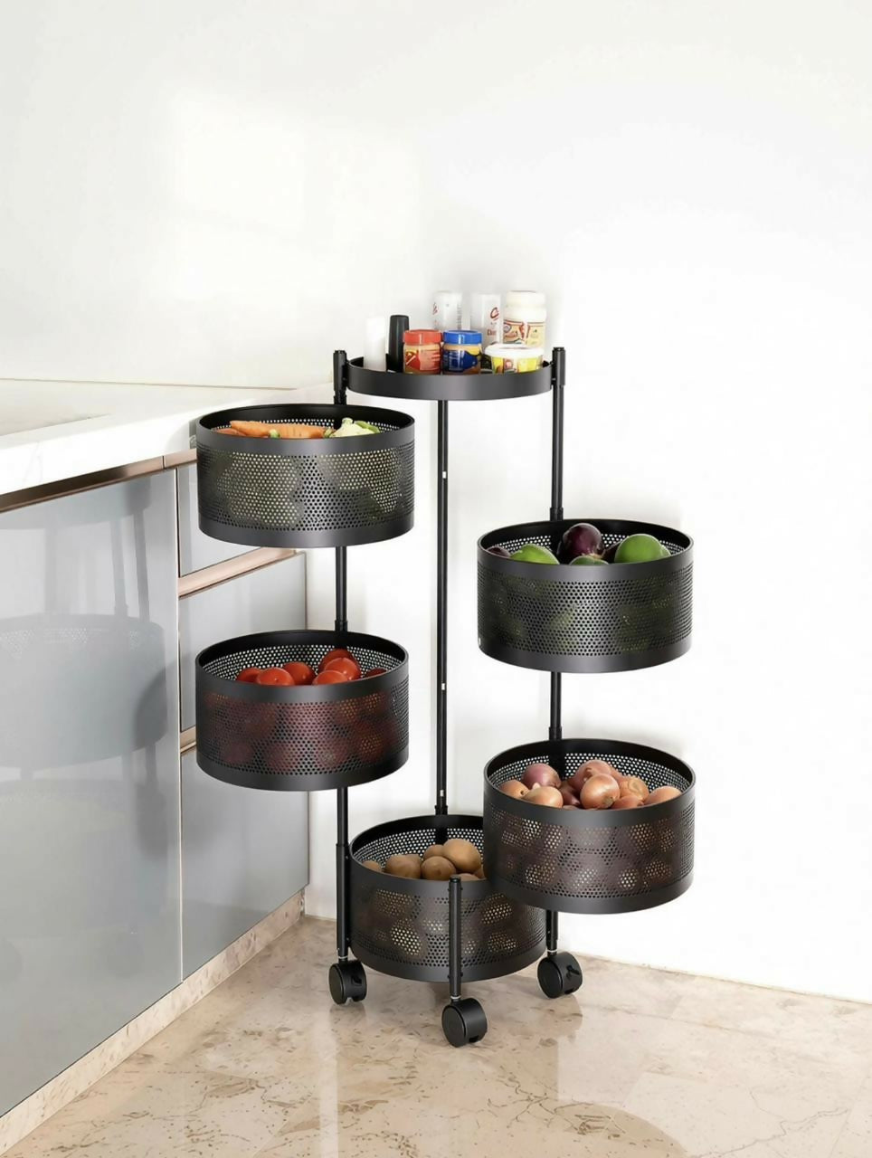 Compact Round 5-Basket Kitchen Trolley with Ventilated Mesh & 360° Swivel Wheels