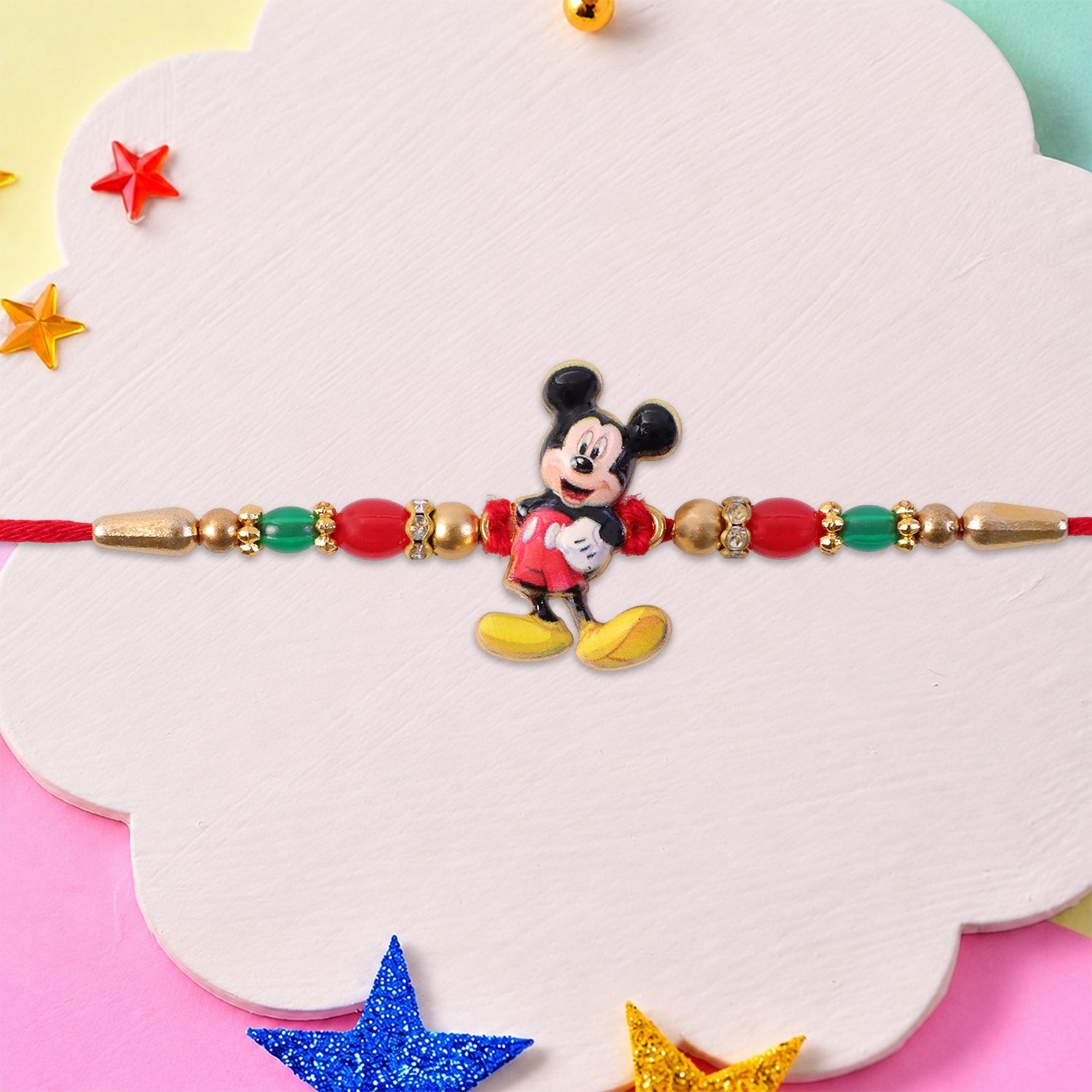 Mickey Mouse Kids Rakhi Pearls Golden Beads Red Thread (5pcs)