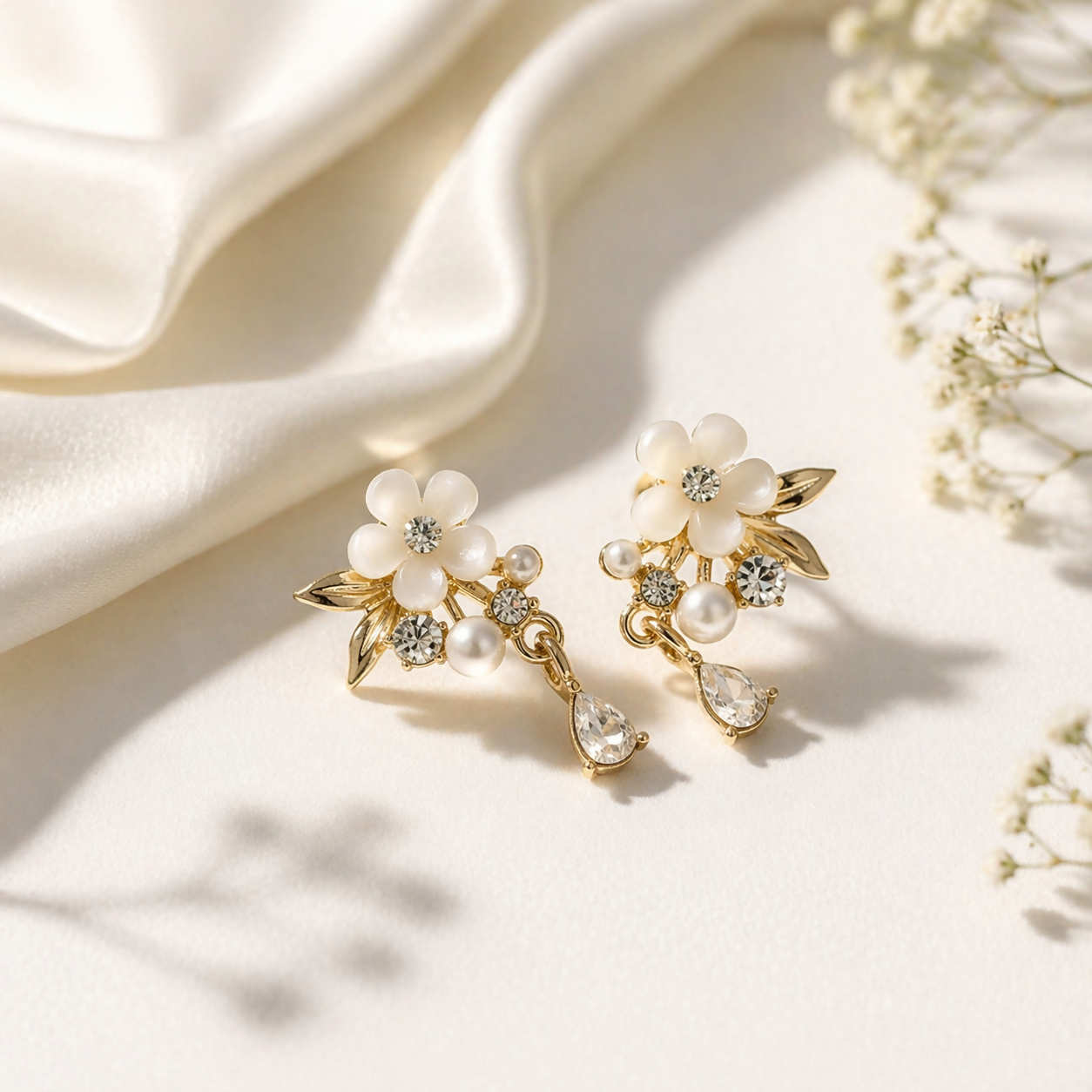 Elegant gold-plated floral pearl drop earrings front view