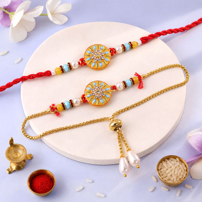 Mandala Floral Beaded Bhai Bhabhi Lumba Rakhi with Pearl Drops
