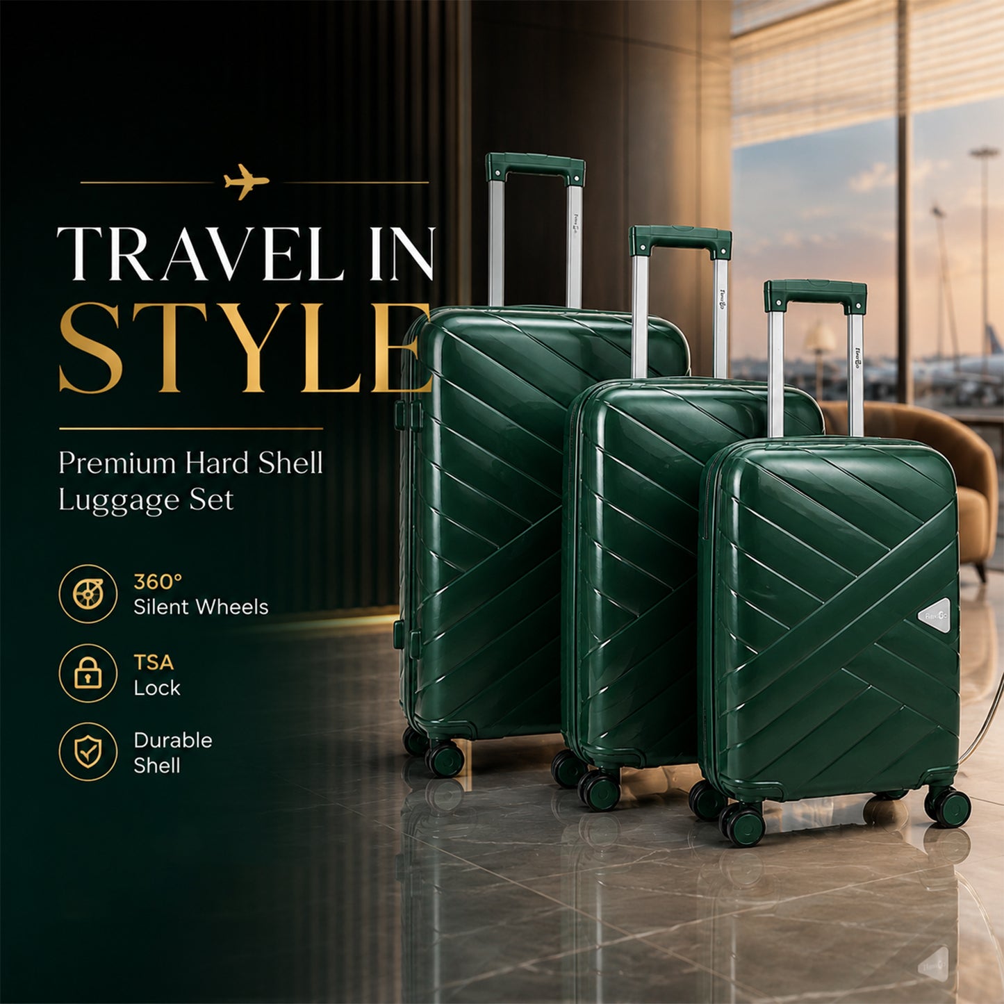 Green Premium Travel Trolley Suitcase with 360° Wheels, TSA Lock & Pull Handle