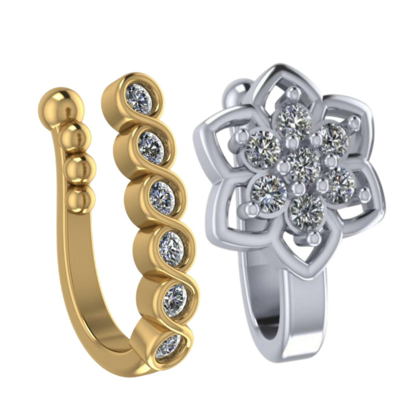 Non-Piercing Nose Pin Set: Gold Dotted & Silver Flower Clip-On