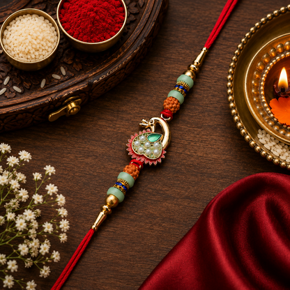 A gold peacock Rakhi with green and pearl details, flanked by orange and mint green beads, on a red thread, against a dark