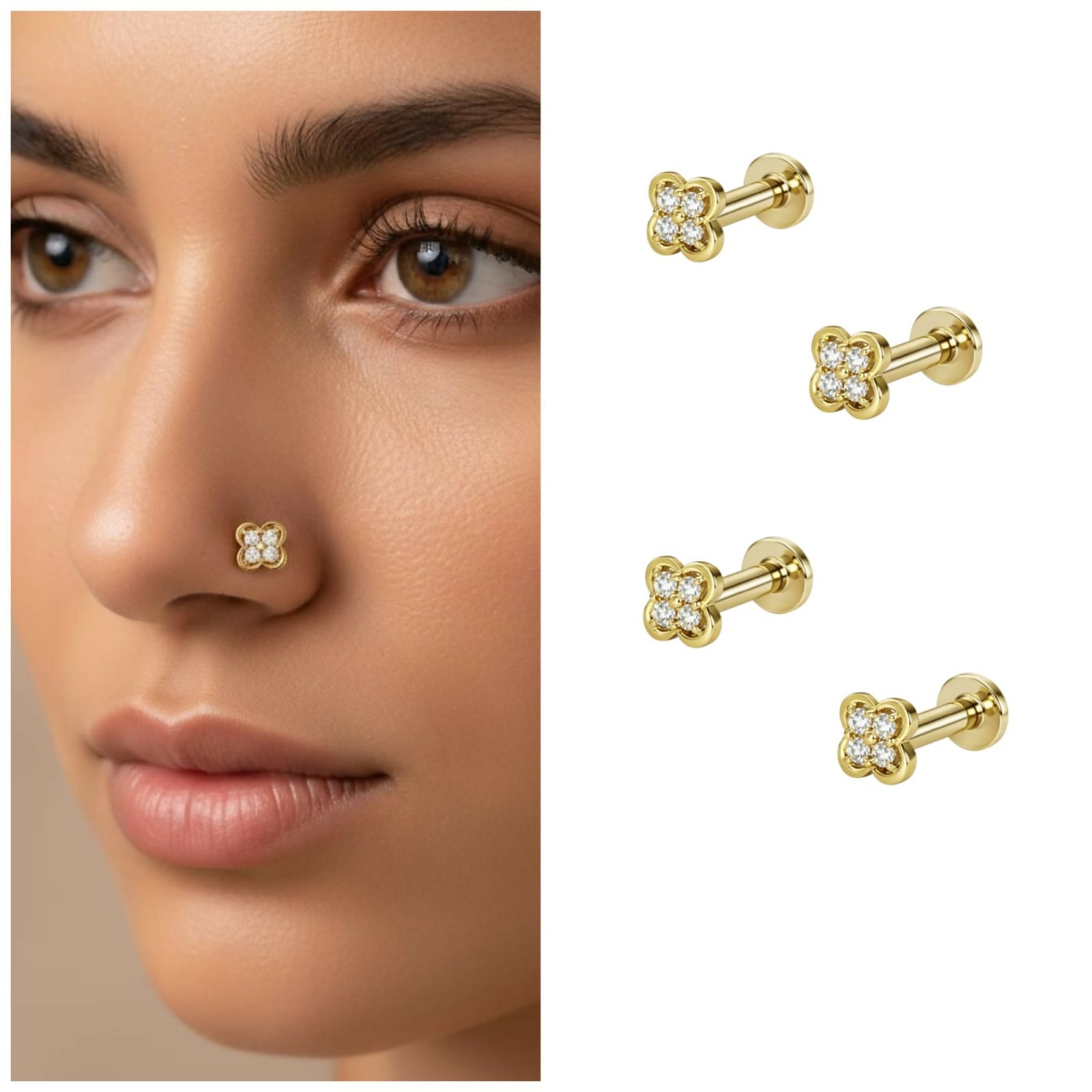 Gold plated clover nose stud with pavé crystals on flat back design