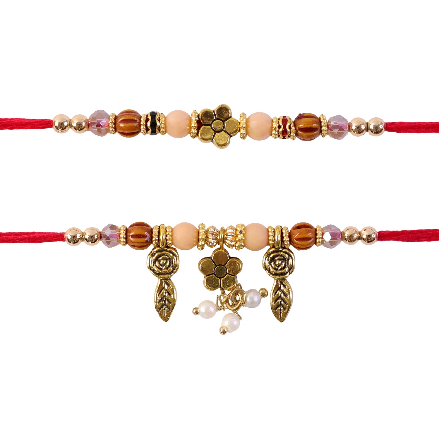 Floral Rose Lumba Couple Rakhi Set with Peach and Wooden Beads for Bhaiya Bhabhi