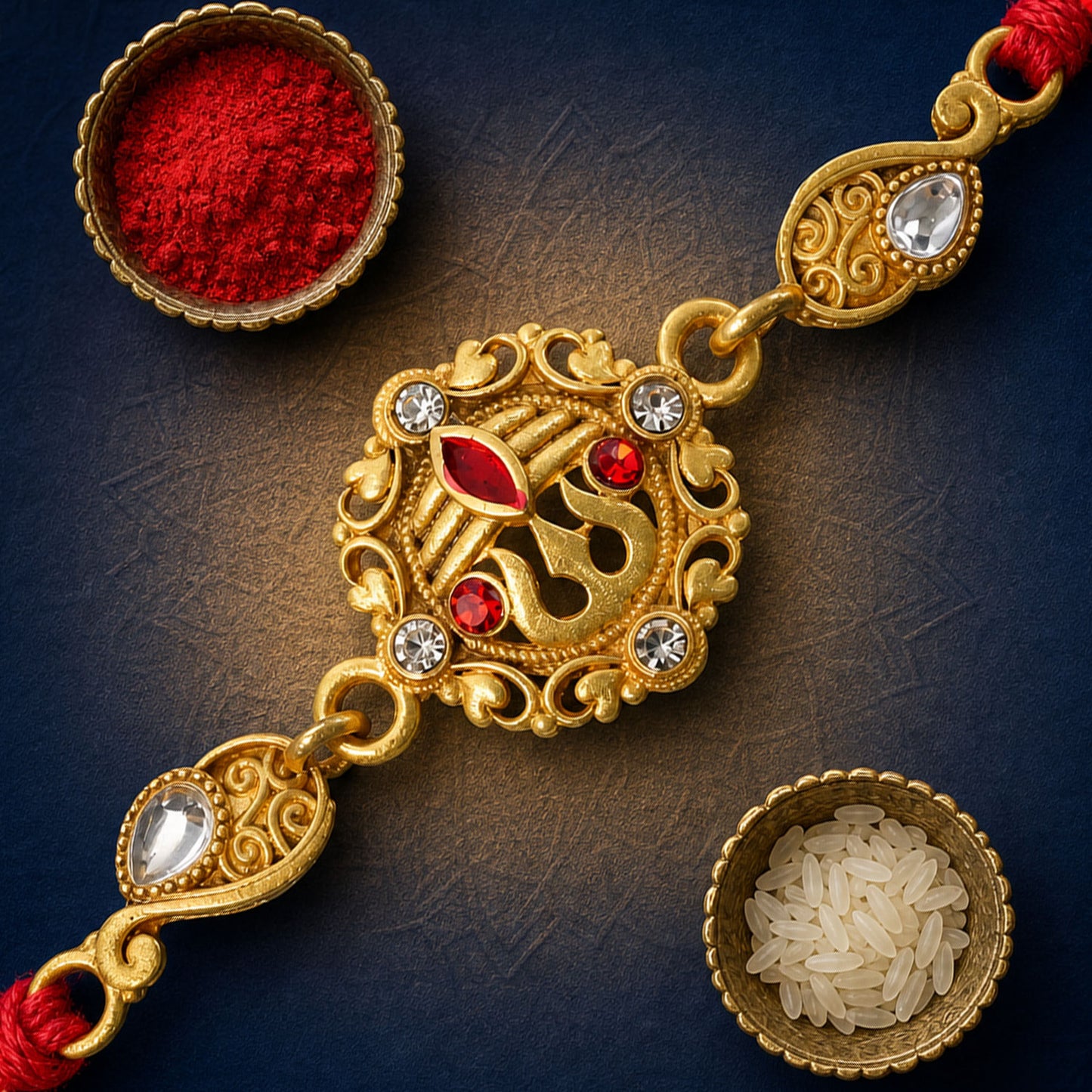 Gold-Toned Trishul Rakhi with Red Stones, Clear Crystal Accents & Designer Red Thread