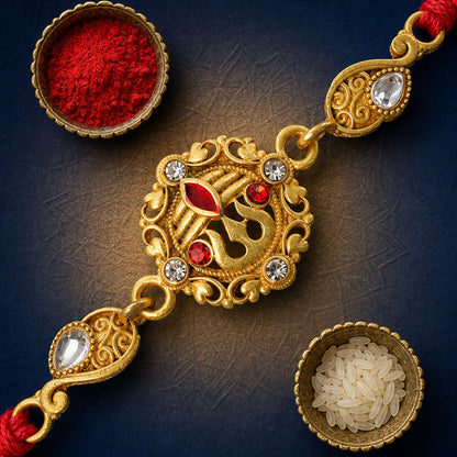 Gold-Toned Trishul Rakhi with Red Stones, Clear Crystal Accents & Designer Red Thread