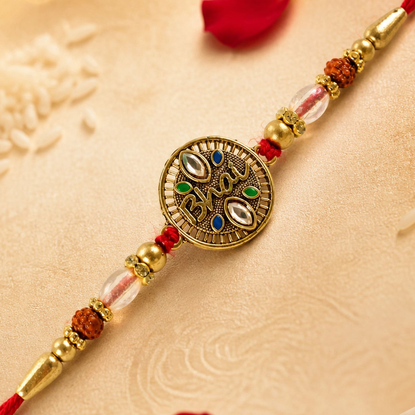 Oxidized Gold Kundan Medallion Rakhi with Rudraksha Beads