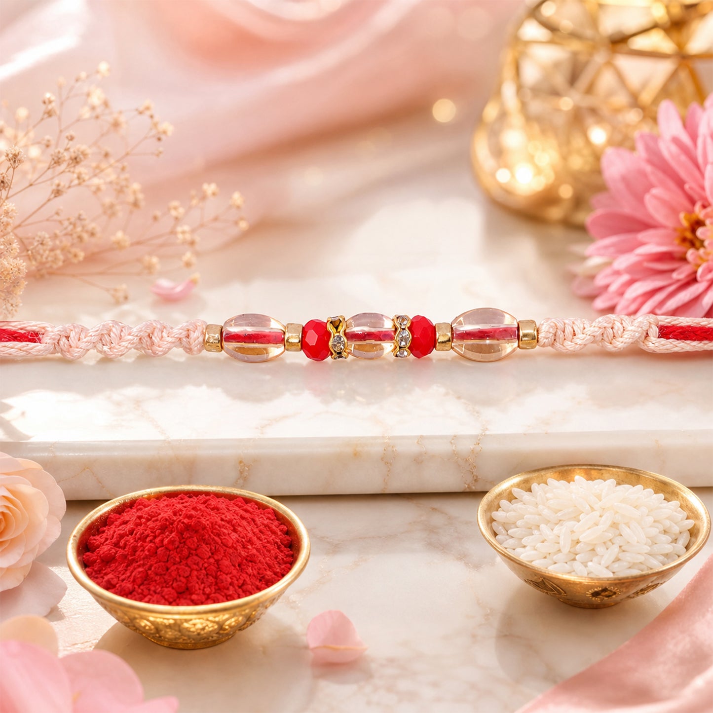 Peach Twisted Cord Rakhi with Red and Sparkling Crystal Bead Accents
