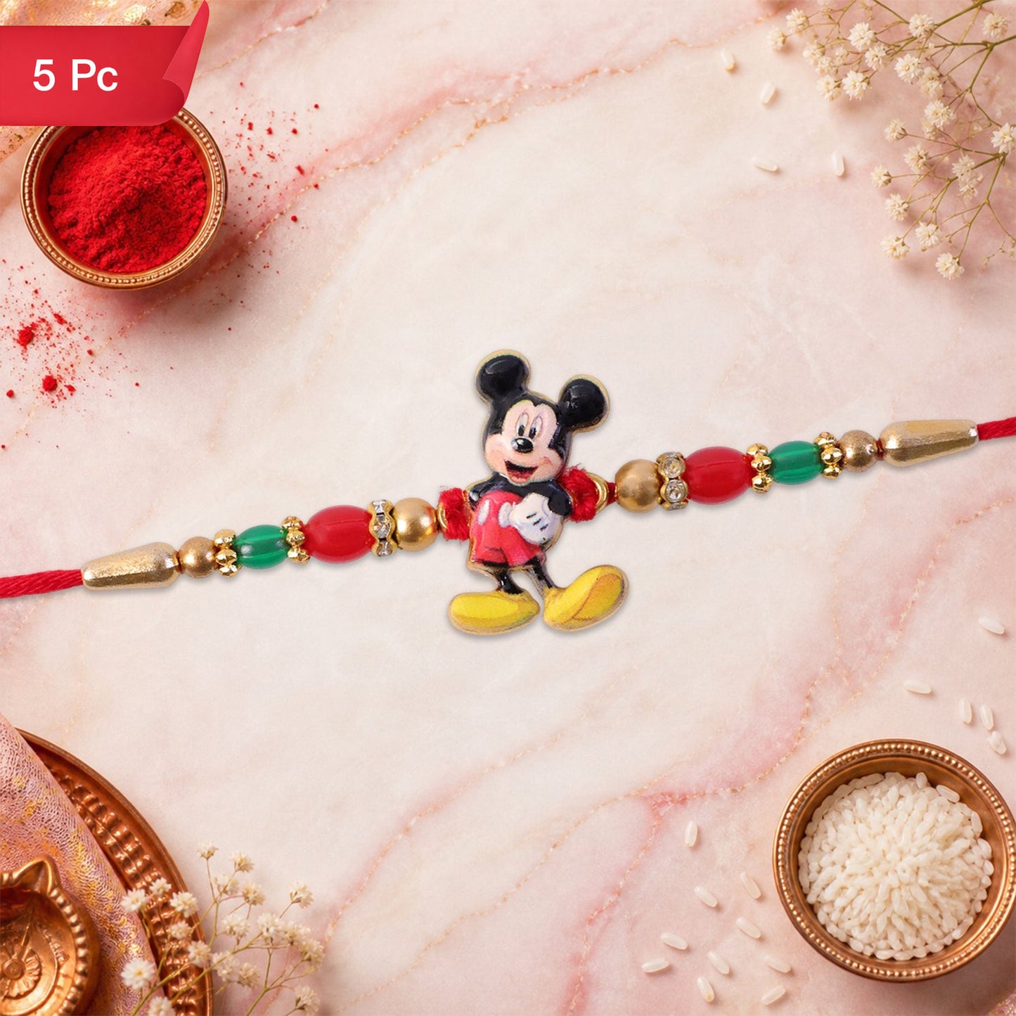 Mickey Mouse Kids Rakhi Pearls Golden Beads Red Thread (5pcs)
