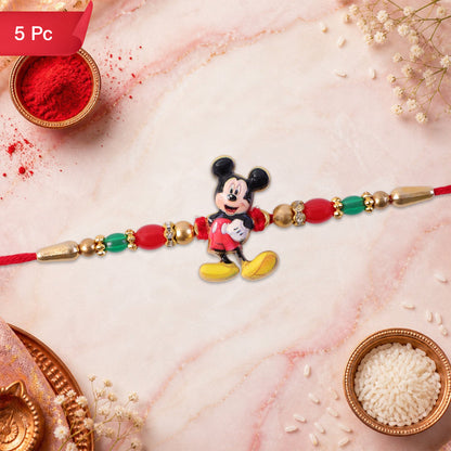 Mickey Mouse Kids Rakhi Pearls Golden Beads Red Thread (5pcs)