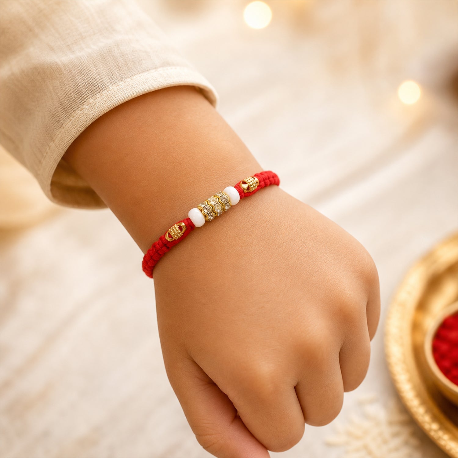 Red Braided Rakhi with White Beads and Antique Gold Accent Charms