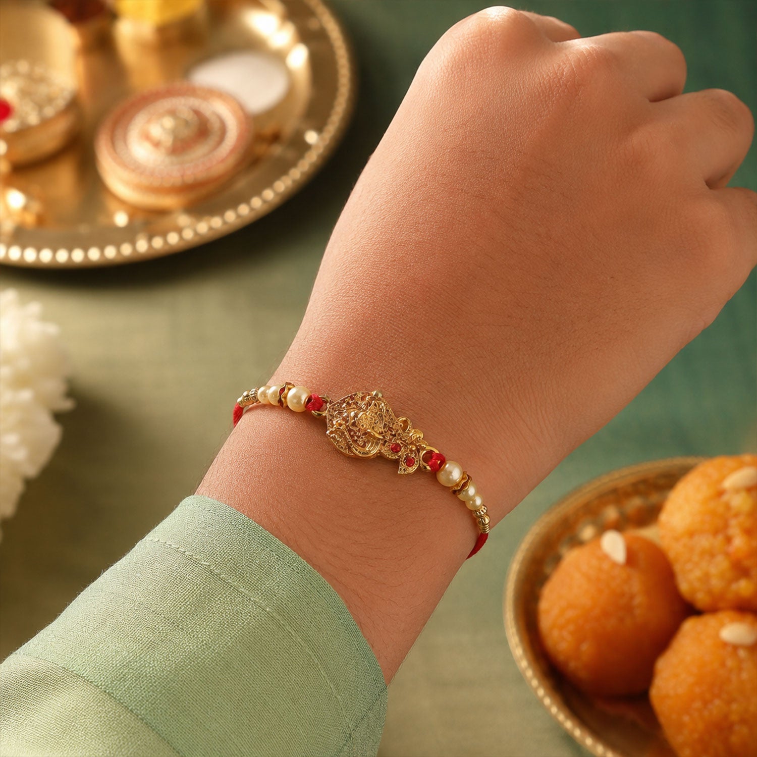 Golden Peacock Rakhi Pearl Beads & Red Thread for Brother on Raksha Bandhan (10pcs)