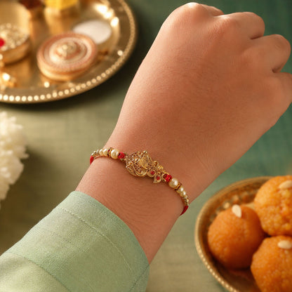 Golden Peacock Rakhi Pearl Beads & Red Thread for Brother on Raksha Bandhan (10pcs)
