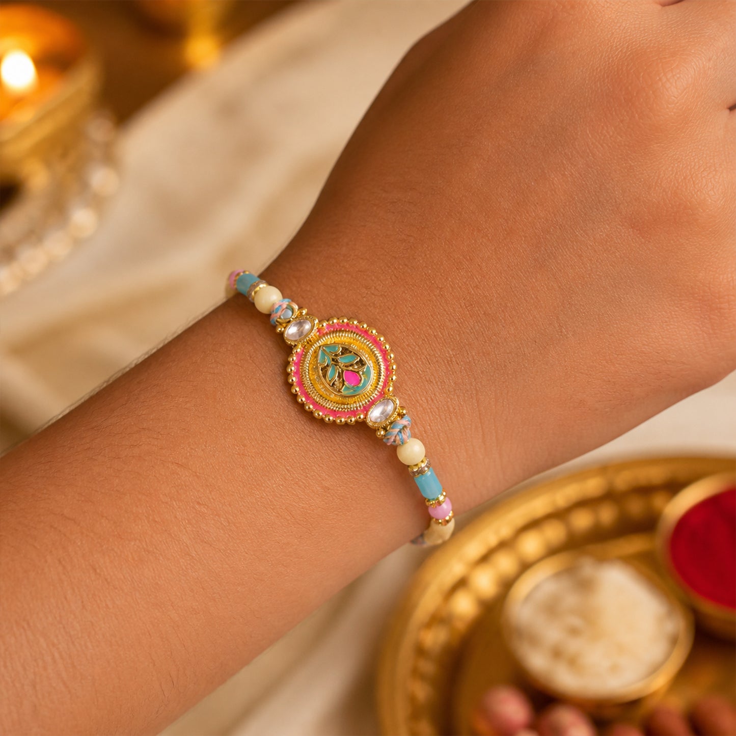 Round Floral Kundan Medallion Rakhi with Pastel Beads