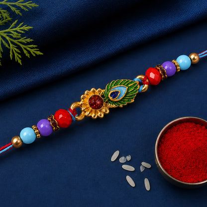 Peacock Feather Enamel Floral Stone Crystal Beads Designer Rakhi