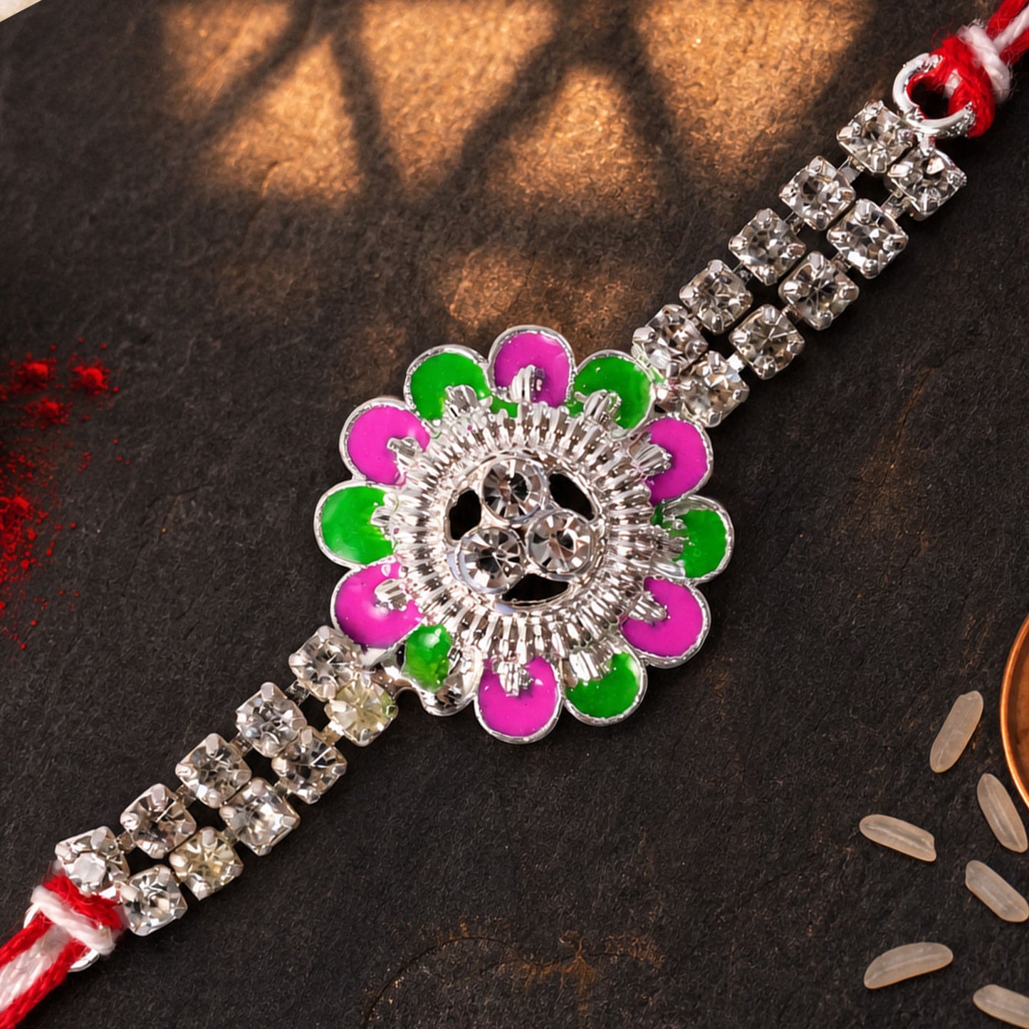 Designer Rakhi featuring Floral Medallion, gold trims and display look for Gift Use