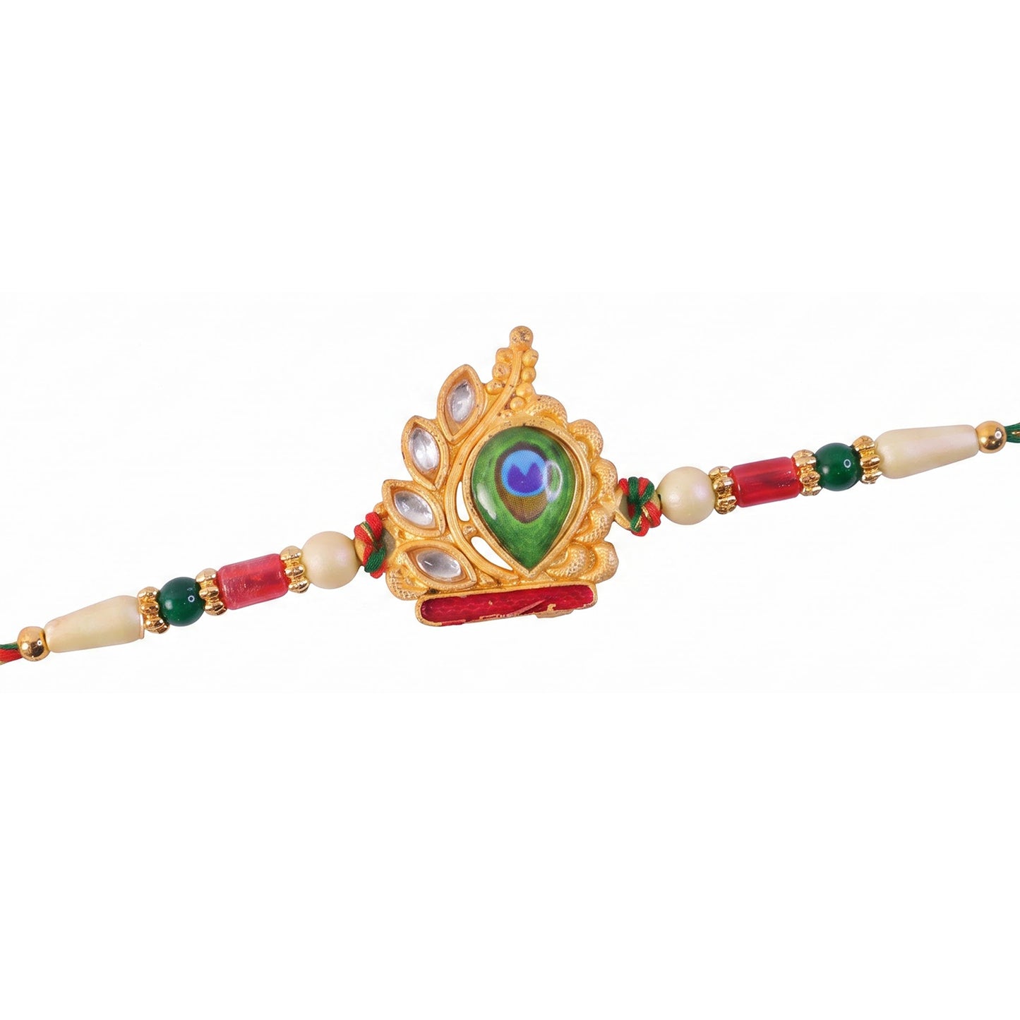 Peacock Feather Crown Kundan Pendant Rakhi with Pearl Beads