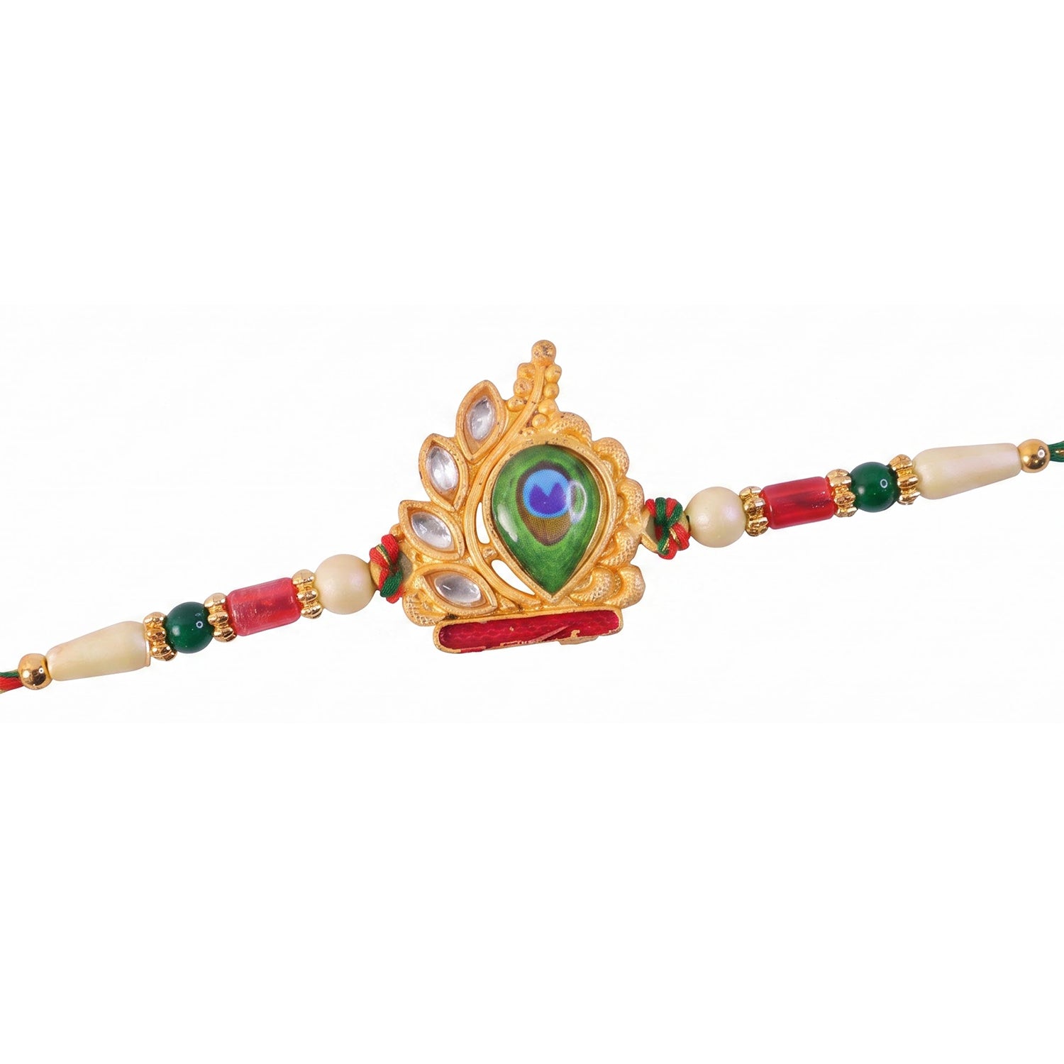 Peacock Feather Crown Kundan Pendant Rakhi with Pearl Beads